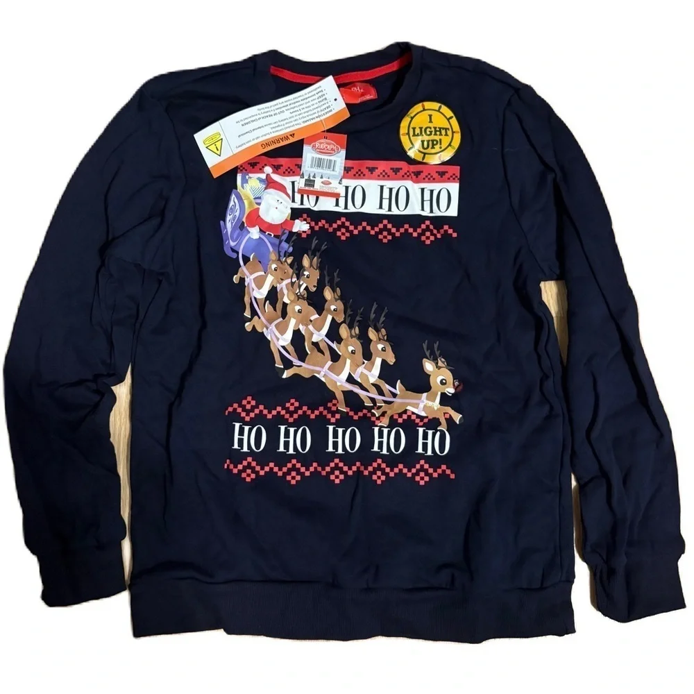 Rudolph Red Nosed Reindeer Light Up Ugly Christmas Sweater NEW Men Red Black